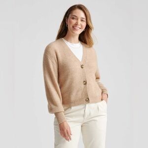 Quince Merino Wool Blend Button Cardigan – Camel Tan Ribbed Sweater Size L